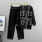 casual plus size slight stretch mid-length knitted cardigan with belt pants set_Black