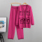 casual plus size slight stretch mid-length knitted cardigan with belt pants set_Black_Magenta