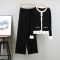 casual slight stretch flared long-sleeved knitted cardigan straight pants set_Black