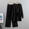 casual plus size stretch 8-colors knitted mid-length cardigan belt pants set_Black