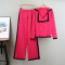 casual slight stretch knitted double-breasted contrast color wide-leg pants set_Black_Magenta