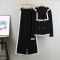 casual slight stretch knitted double-breasted contrast color wide-leg pants set_Black