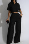 s-2xl casual slight stretch short sleeves high-waist pants sets_Black