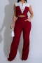 s-2xl casual slight stretch sleeveless lapel contrast color pants sets_Black_Red