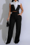 s-2xl casual slight stretch sleeveless lapel contrast color pants sets_Black