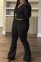casual plus size solid color slim knitted hooded crop top and pants set_Black