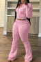 casual plus size solid color slim knitted hooded crop top and pants set_Black_Pink