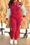casual plus-size slight stretch contrast long sleeve tops high-waist pants sets_Black_Red