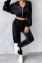 stylish plus size slight stretch velvet 4 colors zip-up outerwear & pants set_Black
