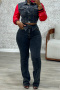 casual plus size non-stretch denim contrast color pants sets_Red