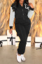 casual plus size non-stretch contrast color sweatshirt fleece pants set_Black