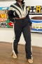 stylish contrast patchwork 3-color long sleeve jackets & lace-up pants sets_Black