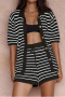 s-2xl casual slight stretch stripe knitted loose short sets_Black