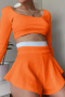 stylish plus size slight stretch 5 colors square-neck crop top & shorts set_Black_Gray_Yellow_Orange