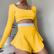 stylish plus size slight stretch 5 colors square-neck crop top & shorts set_Black_Gray_Yellow