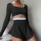 stylish plus size slight stretch 5 colors square-neck crop top & shorts set_Black