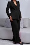 stylish plus size slight stretch 4 colors long sleeve blazer & pants set_Black