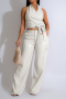 stylish plus size slight stretch pu leather halter-neck vest & pants set_Black_White