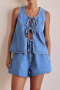 new plus-size non-stretch patchwork denim lace-up tank tops wide-leg shorts sets_Haze Blue