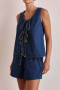 new plus-size non-stretch patchwork denim lace-up tank tops wide-leg shorts sets_Haze Blue_Dark Blue