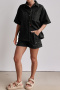 new plus-size non-stretch denim loose tops & high-waist wide-leg shorts sets_Black