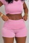 casual slight stretch solid color short-sleeved t-shirt & high-waist shorts sets_Pink