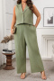casual plus size non-stretch solid color sleeveless vest wide leg pants set_Green