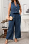 casual plus size non-stretch solid color sleeveless vest wide leg pants set_Green_Dark Blue