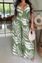 sexy plus size non-stretch 4 colors leaf printing halter-neck pants sets_Black_Green