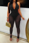sexy plus size slight stretch sleeveless bodysuit see-through mesh leggings set_Black