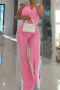 casual plus size slight stretch contrast color v-neck pants sets new add colors_Pink