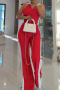 casual plus size slight stretch contrast color v-neck pants sets new add colors_Pink_Red