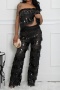 sexy plus size stretch see-through tube top backless top sequin tassel pants set_Black