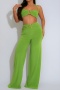stylish plus size slight stretch metal decor halter-neck crop vest & pants set_Black_Light Green