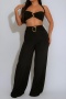 stylish plus size slight stretch metal decor halter-neck crop vest & pants set_Black