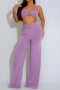 stylish plus size slight stretch metal decor halter-neck crop vest & pants set_Black_Light Green_Light Purple