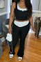 casual plus size slight stretch fake two-piece vest contrast color pants set_Black