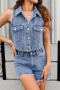 casual non-stretch single-breasted denim vest shorts set_Dark Gray_Blue