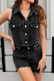 casual non-stretch single-breasted denim vest shorts set_Dark Gray