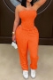 stylish slight stretch solid color tube top bodysuit and sweatpants set_Pink_Orange