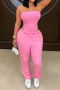stylish slight stretch solid color tube top bodysuit and sweatpants set_Pink