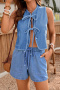 casual new non-stretch 3 colors simple lace-up vest denim shorts set_Black_Sky Blue
