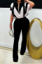 casual plus size slight stretch contrast color top high waist pants set_Black