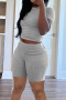 casual slight stretch solid color slim shirring short sleeve t-shirt shorts set_Black_Gray