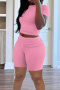 casual slight stretch solid color slim shirring short sleeve t-shirt shorts set_Black_Gray_Pink