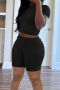 casual slight stretch solid color slim shirring short sleeve t-shirt shorts set_Black