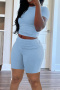 casual slight stretch solid color slim shirring short sleeve t-shirt shorts set_Black_Gray_Pink_Sky Blue