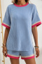 casual non-stretch contrast color crew neck shorts sets_Pink_Magenta_Green_Sky Blue