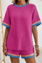 casual non-stretch contrast color crew neck shorts sets_Pink_Magenta