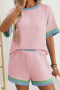 casual non-stretch contrast color crew neck shorts sets_Pink